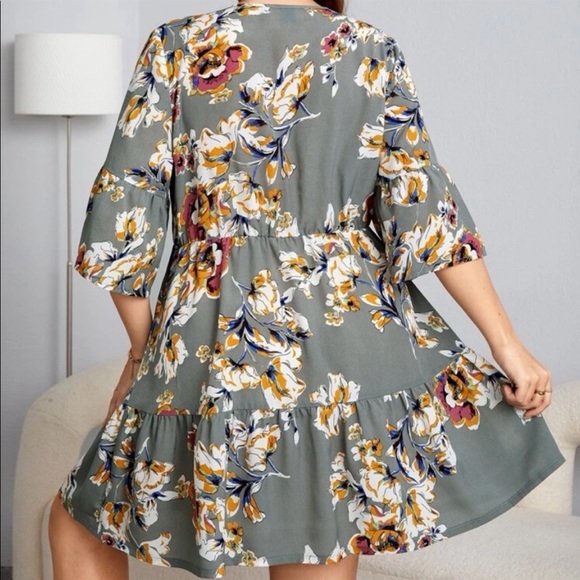 Boho Plus Size Floral Print Ruffle Hem Mini Dress - Picture 6 of 13
